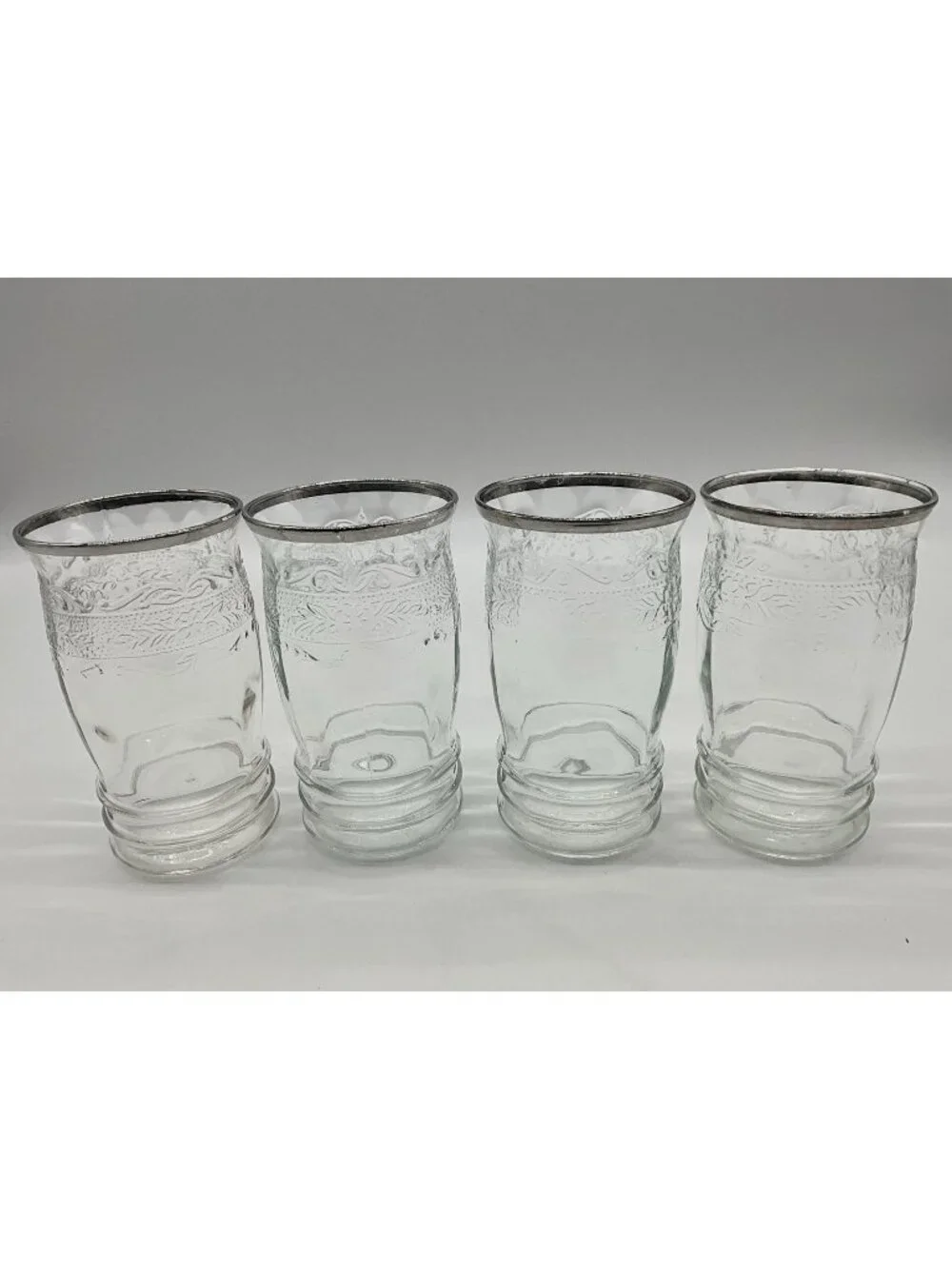 MacBeth -Evans Strippled Rose Band Clear Depression Glass Tumbler w/silver Rim